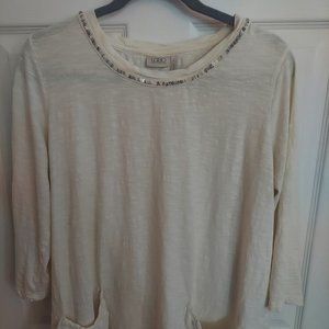 LOGO by Lori Goldstein Cream gauze tunic with sequin collar